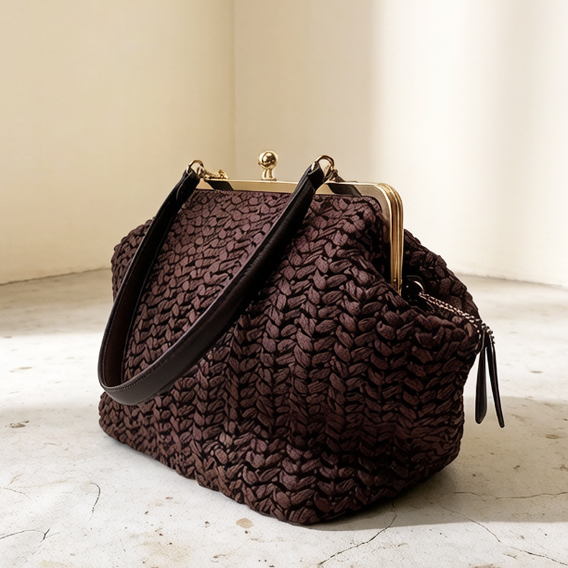 Luxury Bags Made - 손으로 짠 키스락 프레임 숄더 라피아
