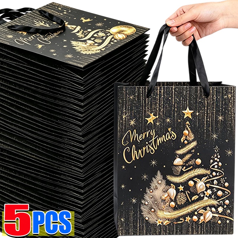 Luxury Xmas Bags - 1/5개입 블랙 골드 크리스마스 선물 가방,